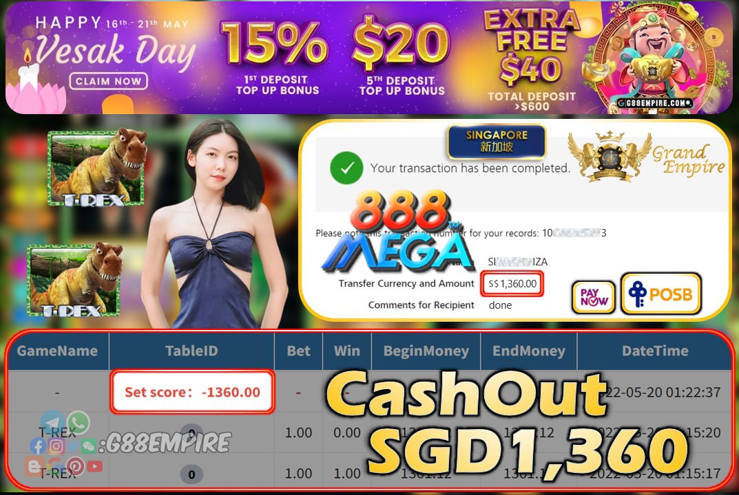 MEGA888 - T-REX CASHOUT SGD1360 !!!