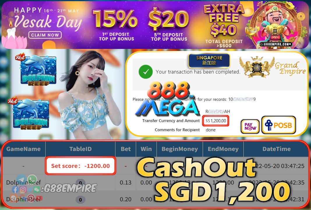 MEGA888 - DOLPHINREEF CASHOUT SGD1200 !!!