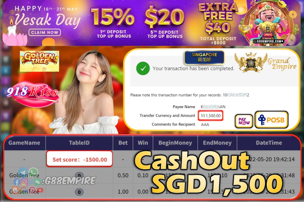 918KISS - GOLDENTREE CASHOUT SGD1500!!!