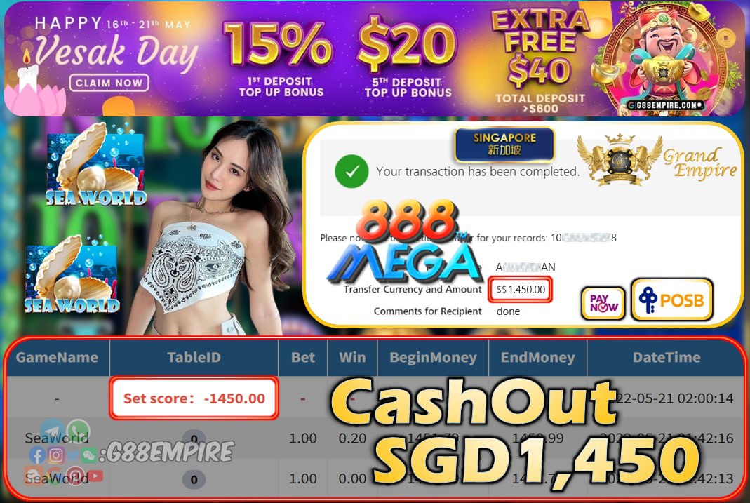 MEGA888 - SEAWORLD CASHOUT SGD1450 !!!