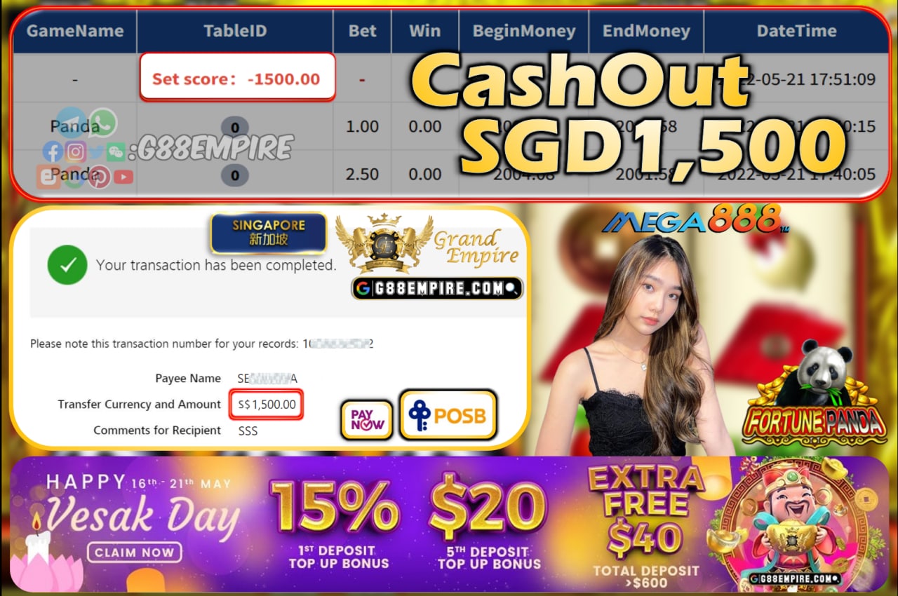  MEGA888 - PANDA CASHOUT SGD1500!!!