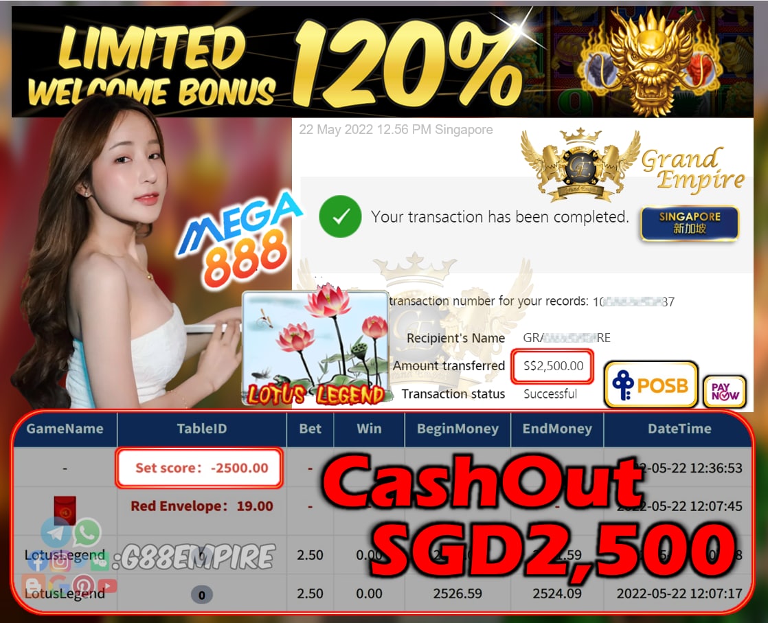 MEGA888 - LOTUSLEGEND CASHOUT SGD2500 !!!