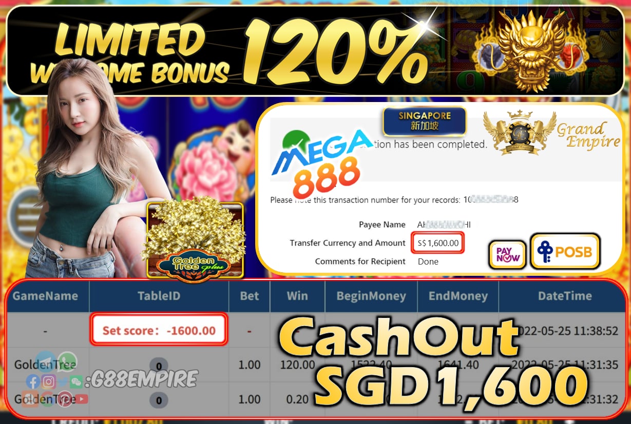 MEGA888 - GOLDENTREE CASHOUT SGD1600 !!!