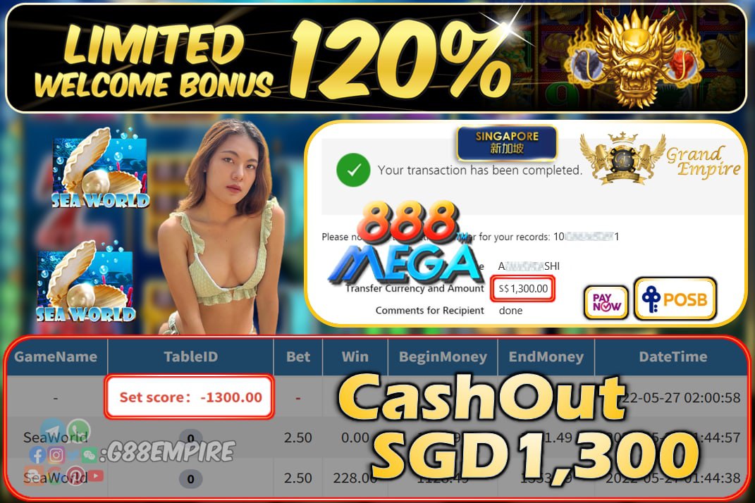 MEGA888 - SEAWORLD CASHOUT SGD1300 !!!