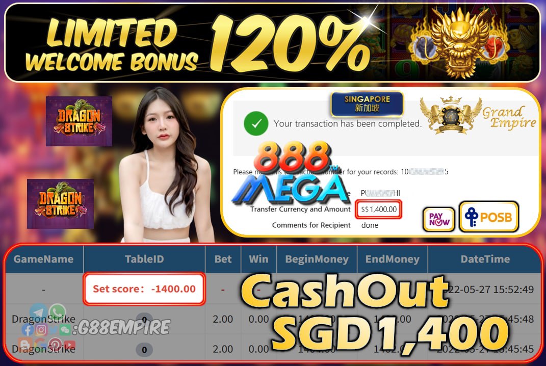 MEGA888 - DRAGONSTRIKE CASHOUT SGD1400 !!!