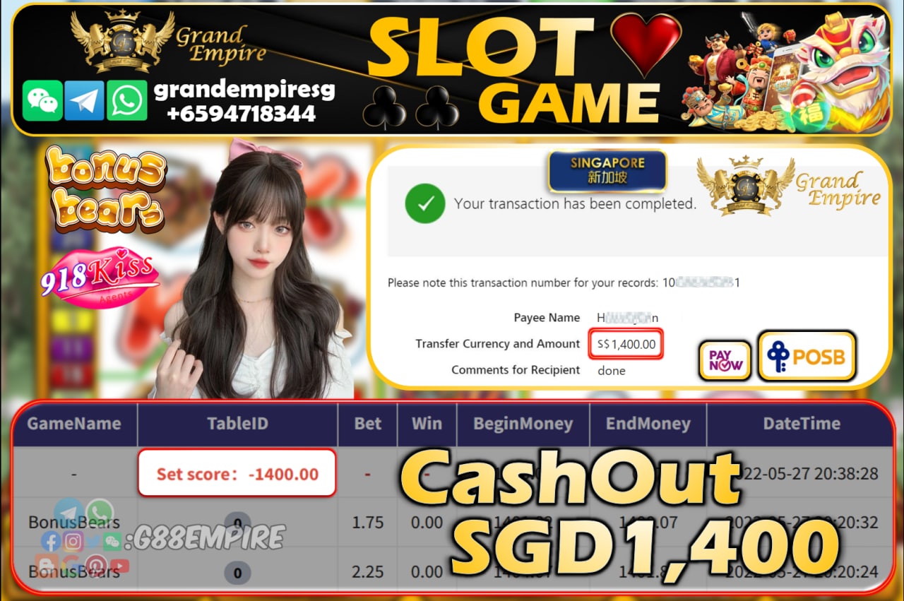 918KISS - BONUSBEARS CASHOUT SGD1400!!!