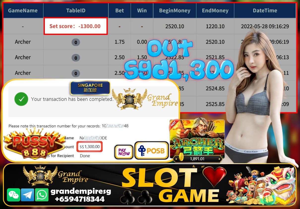 PUSSY888 - ARCHER CASHOUT SGD1300 !!!