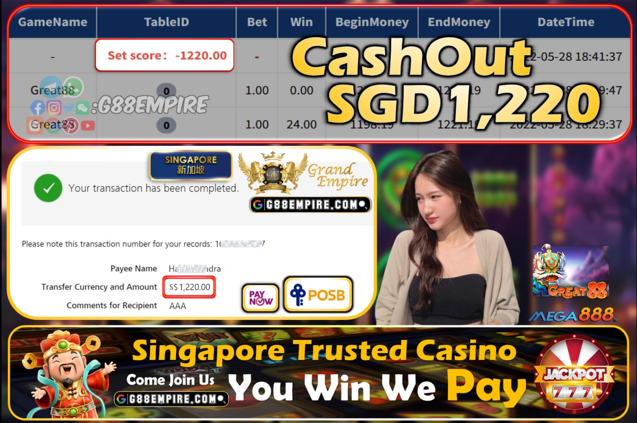  MEGA888 - GREAT88 CASHOUT SGD1220!!!