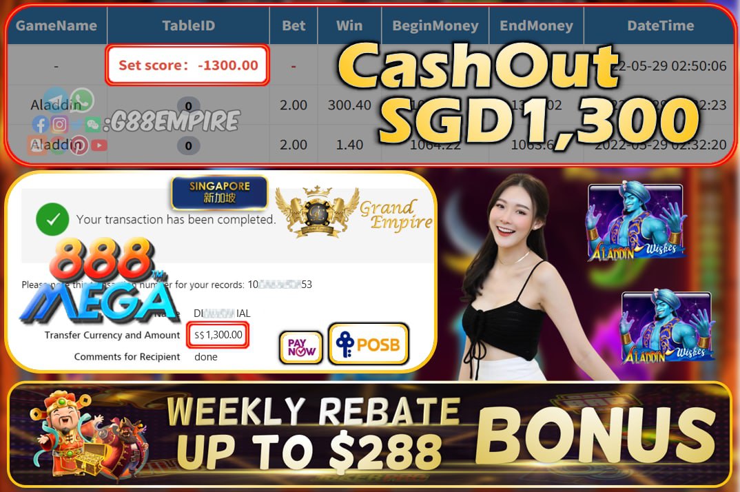 MEGA888 - ALADDIN  CASHOUT SGD1300 !!!