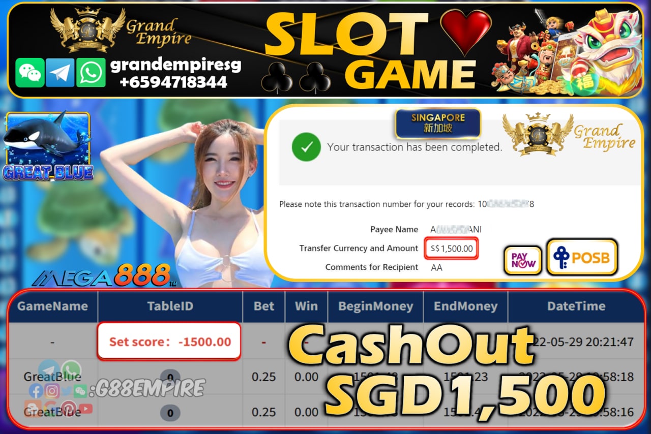 MEGA888 - GREATBLUE CASHOUT SGD1500!!!