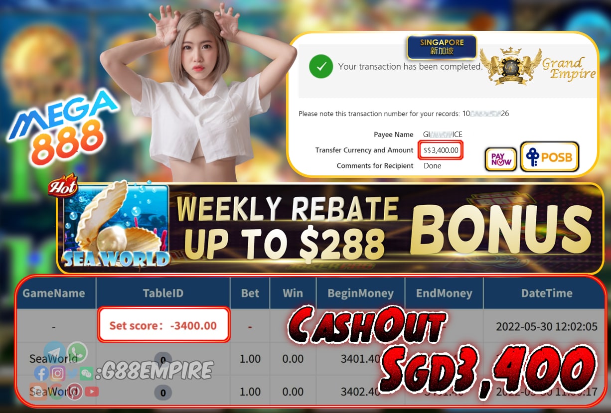 MEGA888 - SEAWORLD  CASHOUT SGD3400 !!!