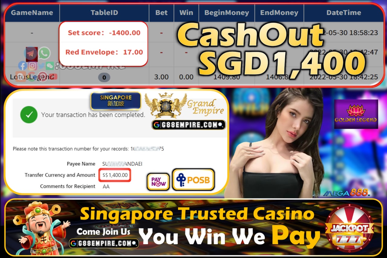 MEGA888 - LOTUSLEGEND CASHOUT SGD1400!!!