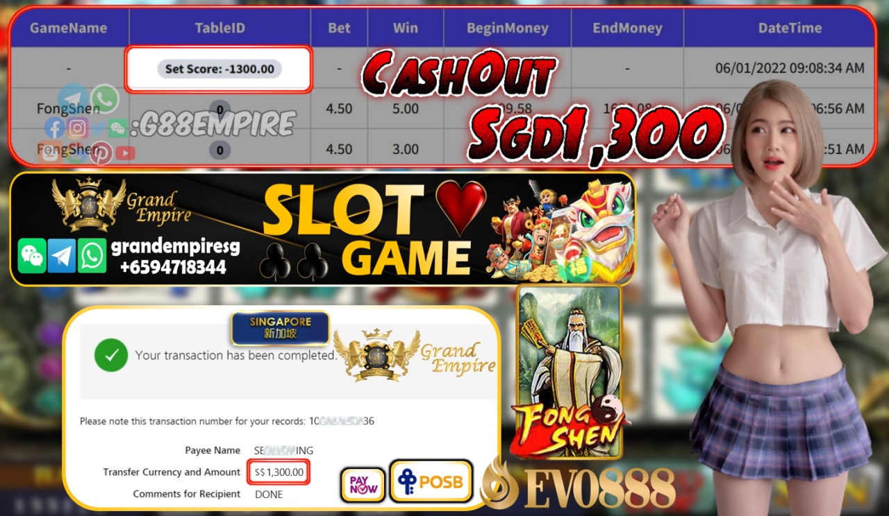 EVO888  - FONGSEN  CASHOUT SGD1300 !!!