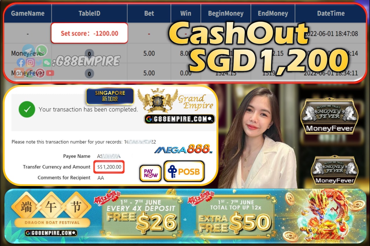 MEGA888 ~ MONEYFEVER CASHOUT SGD1200!!!