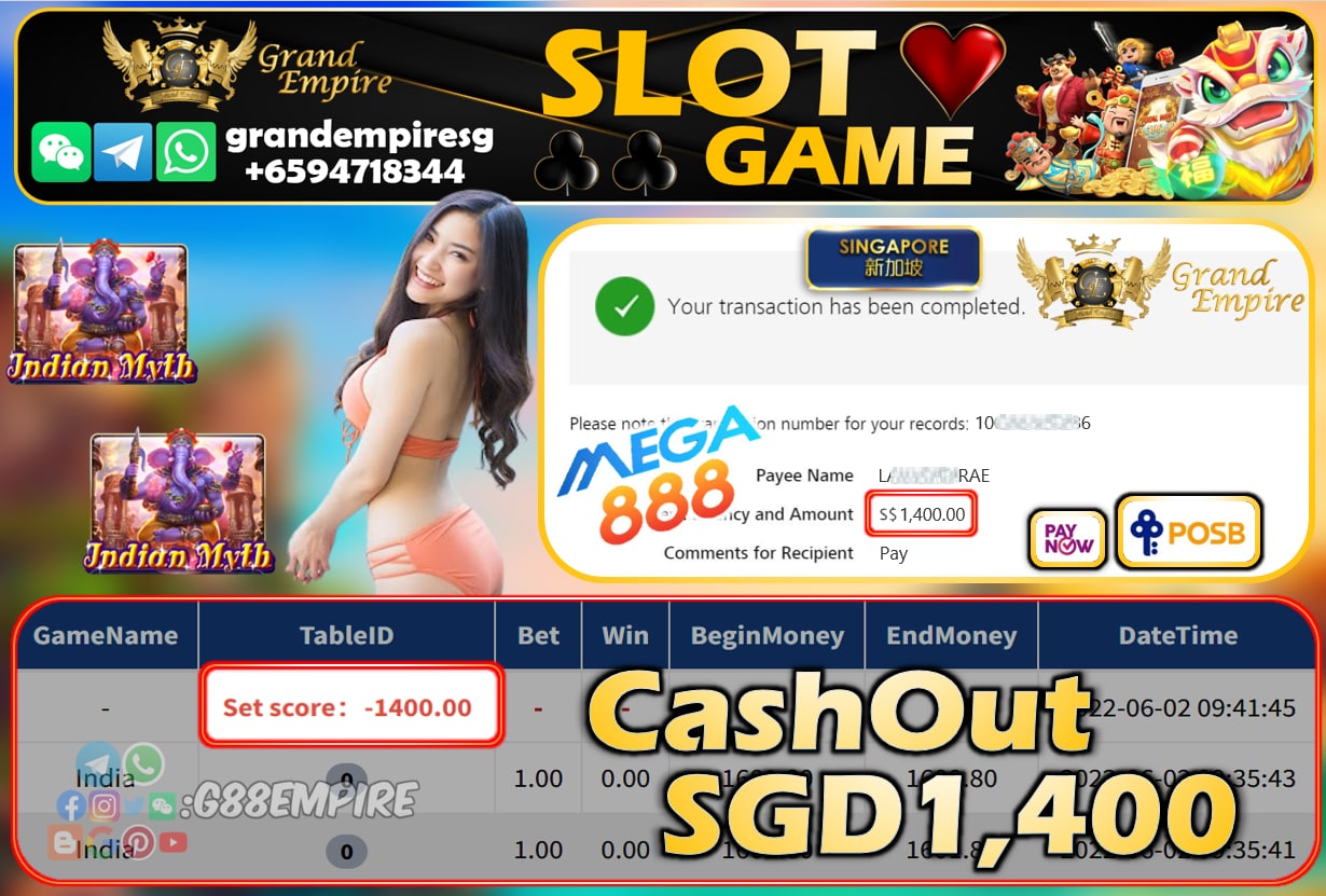 MEGA888 - INDIA   CASHOUT SGD1400 !!!