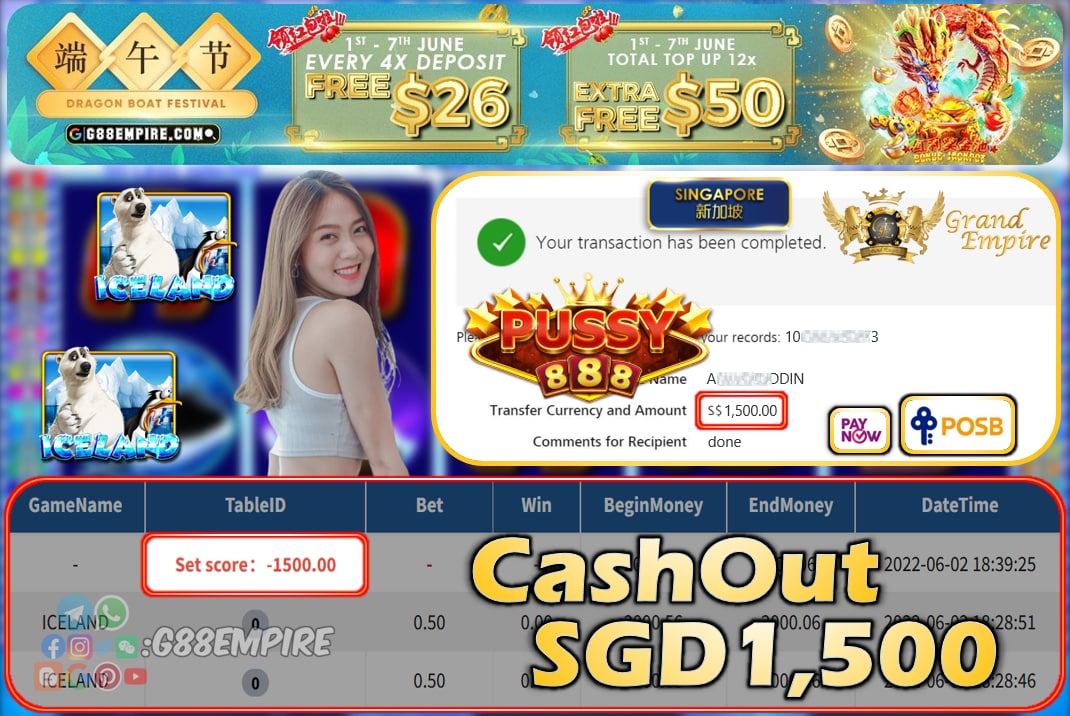 PUSSY888 - ICELAND CASHOUT SGD1500 !!!