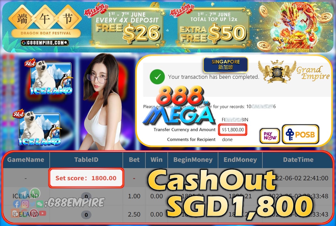 MEGA888 - ICELAND CASHOUT SGD1800 !!!