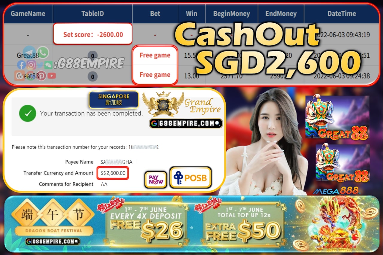 MEGA888 ~ GREAT88 CASHOUT SGD2600!!!