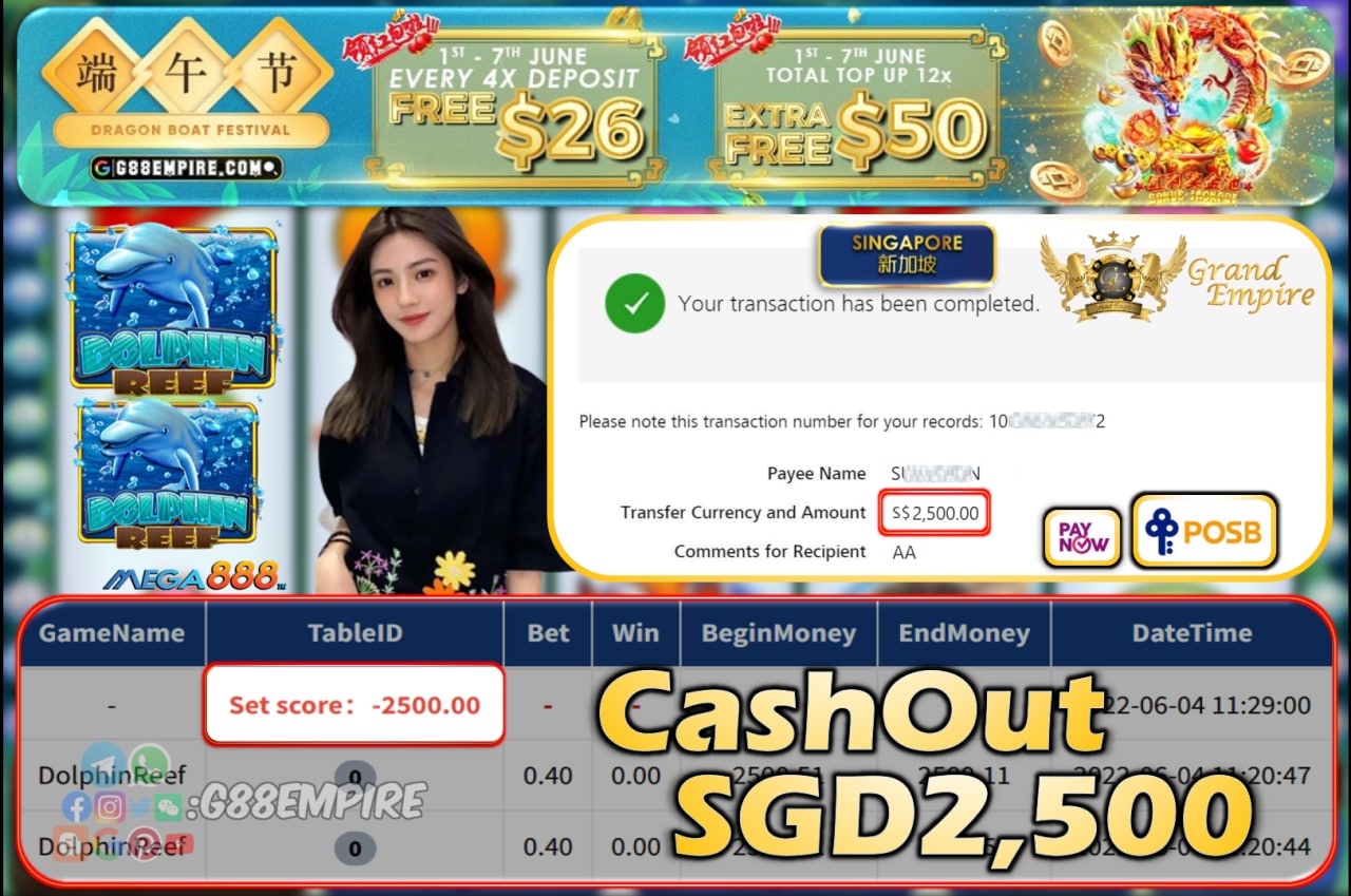 MEGA888 ~ DOLPHINREEF CASHOUT SGD2500!!!