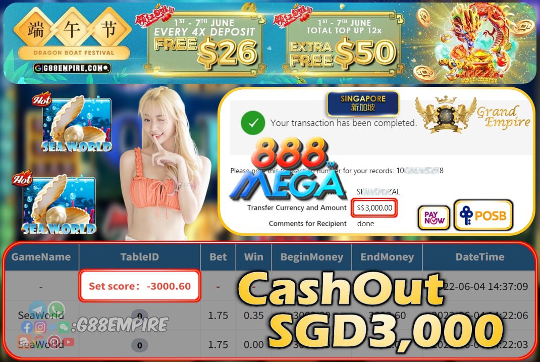 MEGA888 ~ SEAWORLD CASHOUT SGD3000 !!!