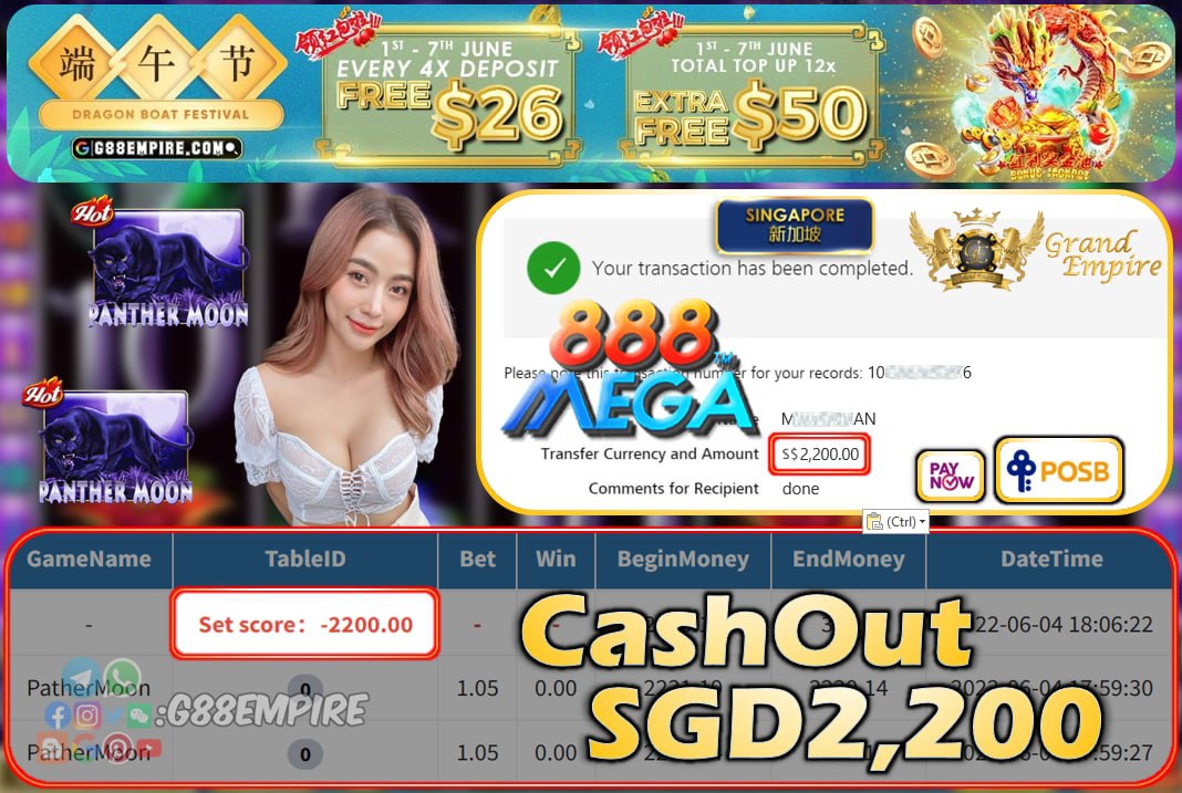 MEGA888 ~ PANTHERMOON CASHOUT SGD2200 !!!