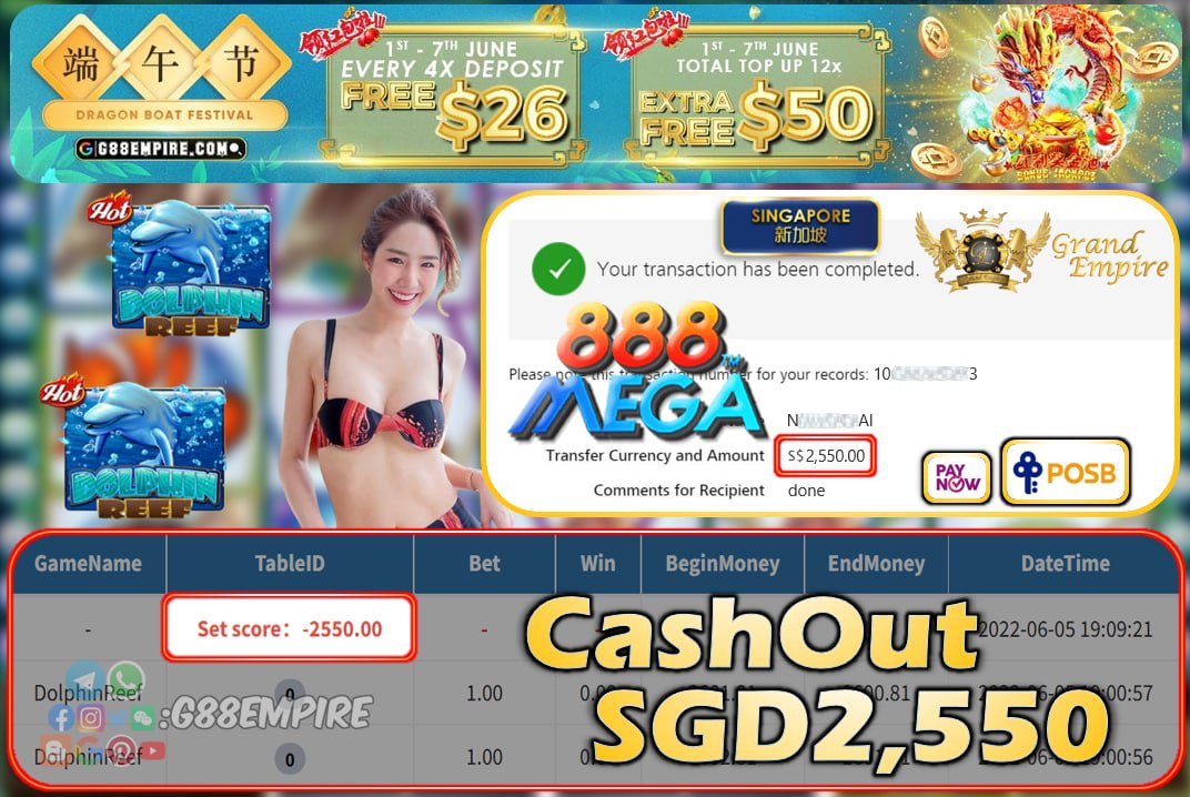 MEGA888 ~ DOLPHINREEF CASHOUT SGD2550 !!!