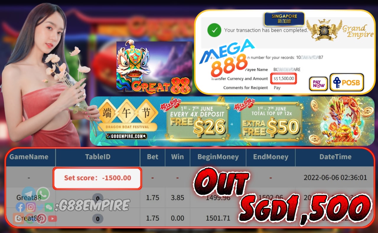 MEGA888 ~ GREAT88  CASHOUT SGD1,500 !!!