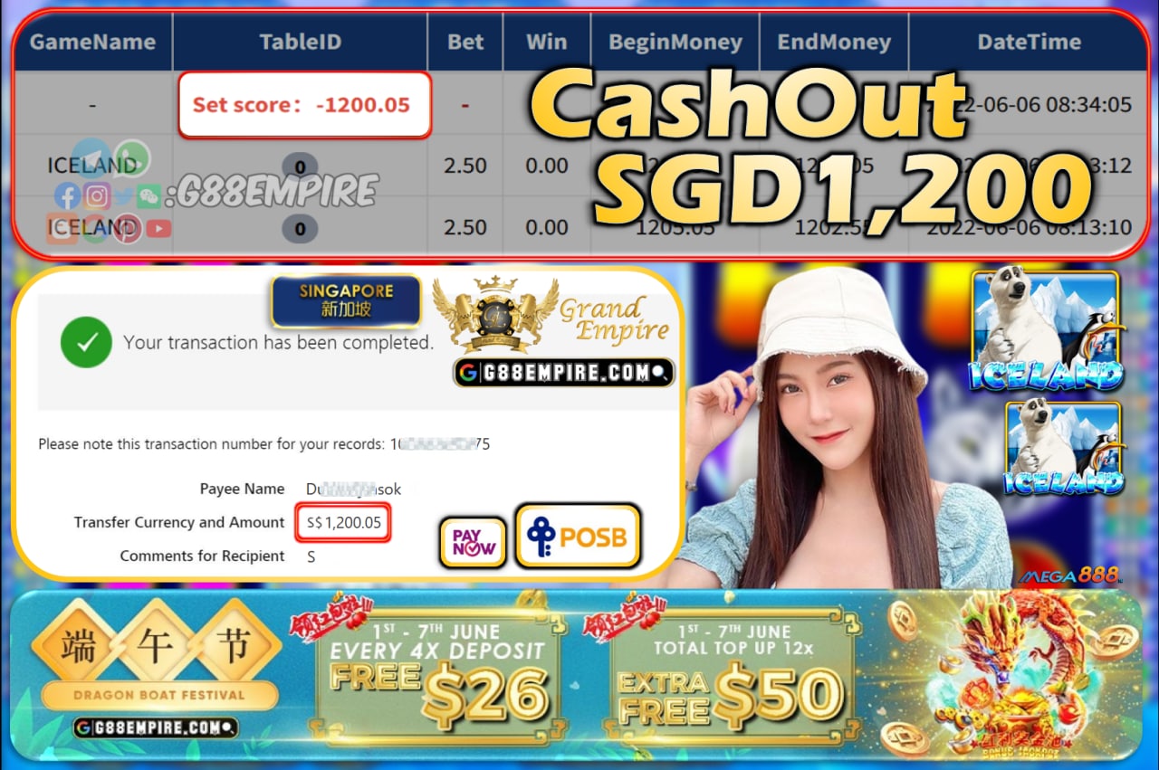 MEGA888 ~ ICELAND CASHOUT SGD1200!!!