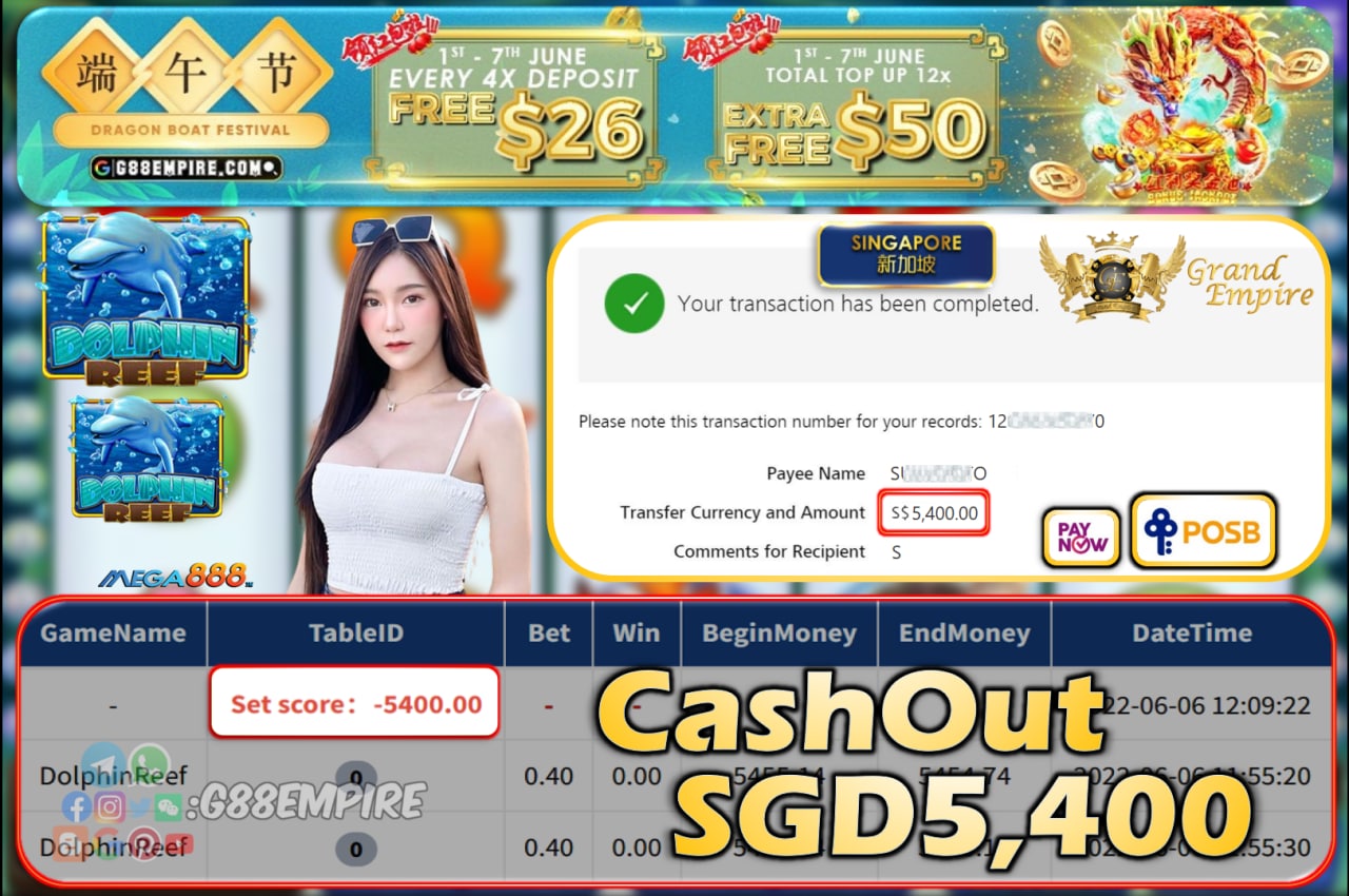 MEGA888 ~ DOLPHINREEF CASHOUT SGD5400!!!