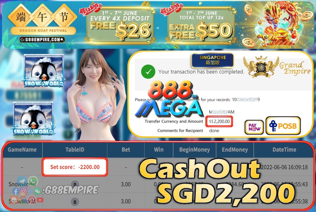 MEGA888 ~ SNOWWORLD CASHOUT SGD2200 !!!