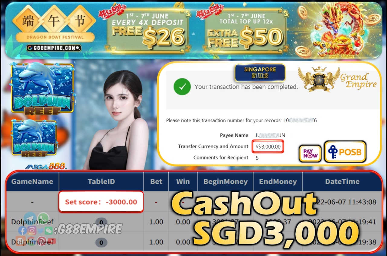 MEGA888 ~ DOLPHINREEF CASHOUT SGD3000!!!