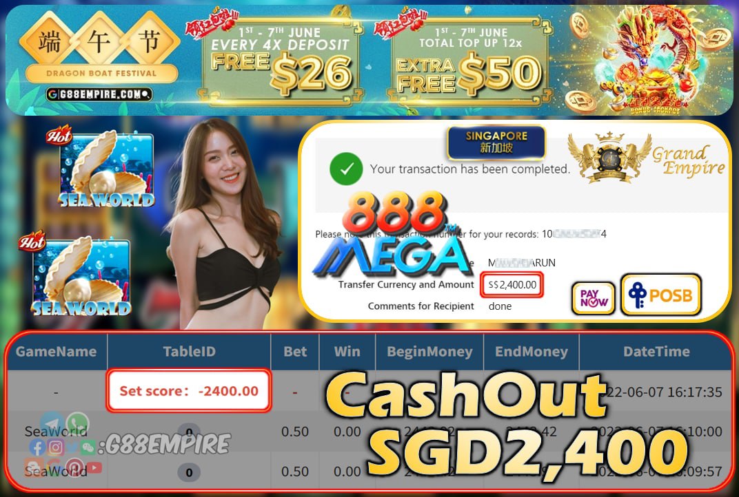 MEGA888 ~ SEAWORLD CASHOUT SGD2400 !!!