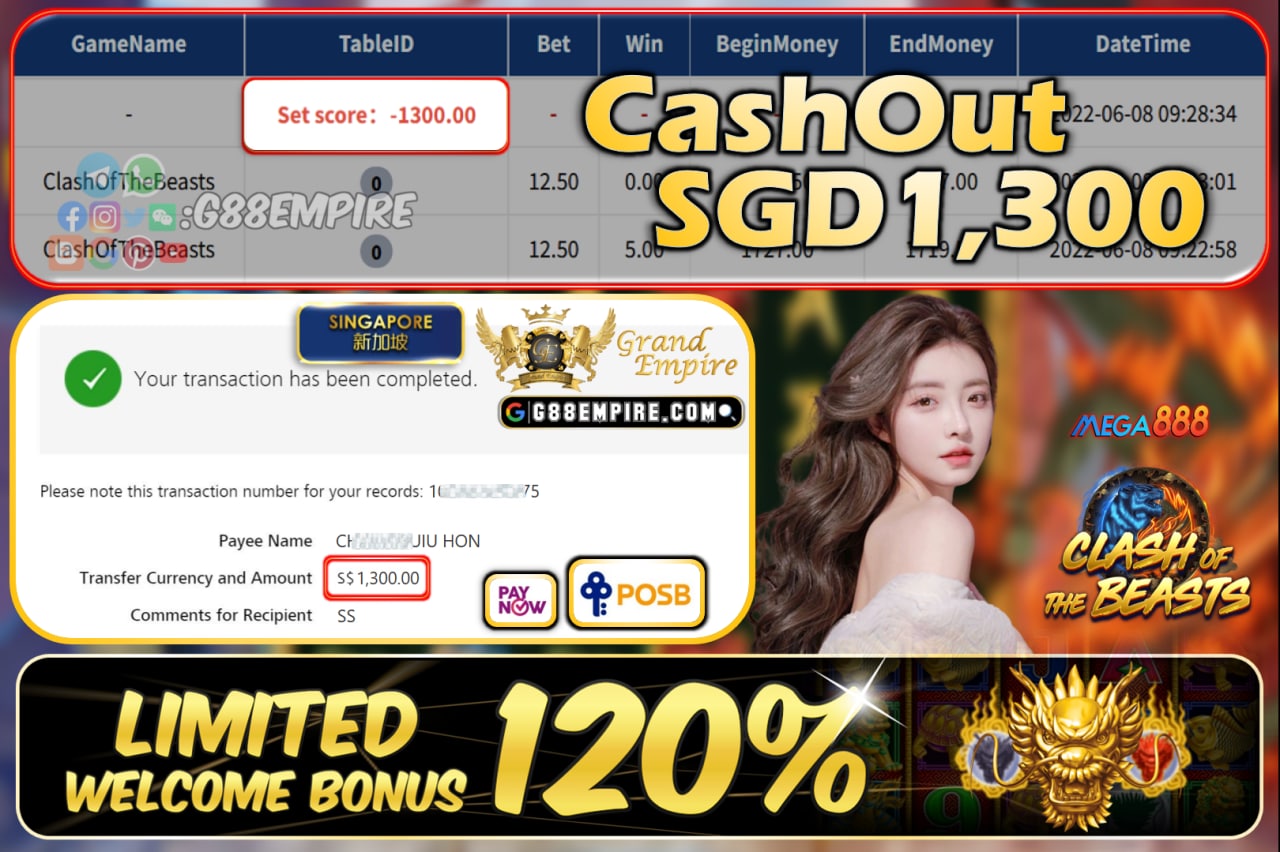 MEGA888 ~ CLASHOFTHEBEASTS CASHOUT SGD1300!!!