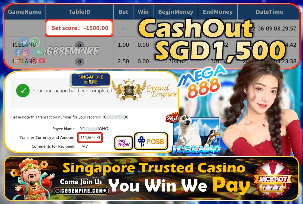 MEGA888 ~ ICELAND CASHOUT SGD1500 !!!