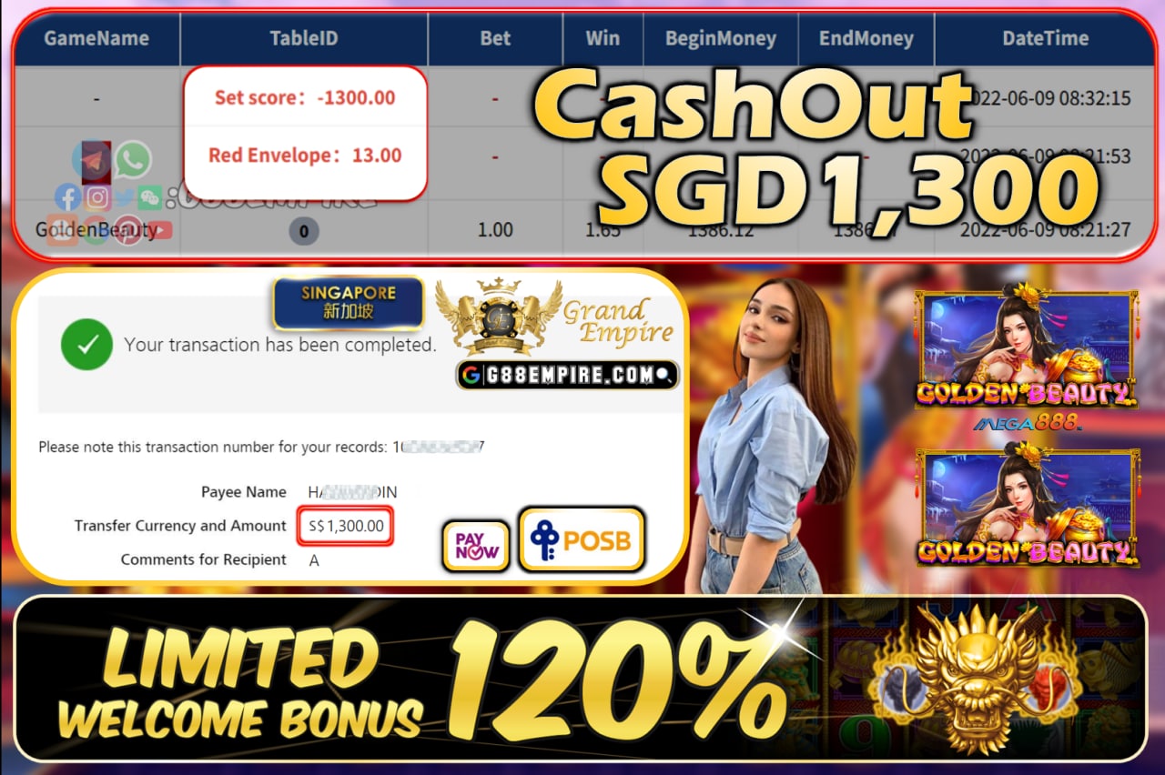 MEGA888 ~ GOLDENBEAUTY CASHOUT SGD1300!!!