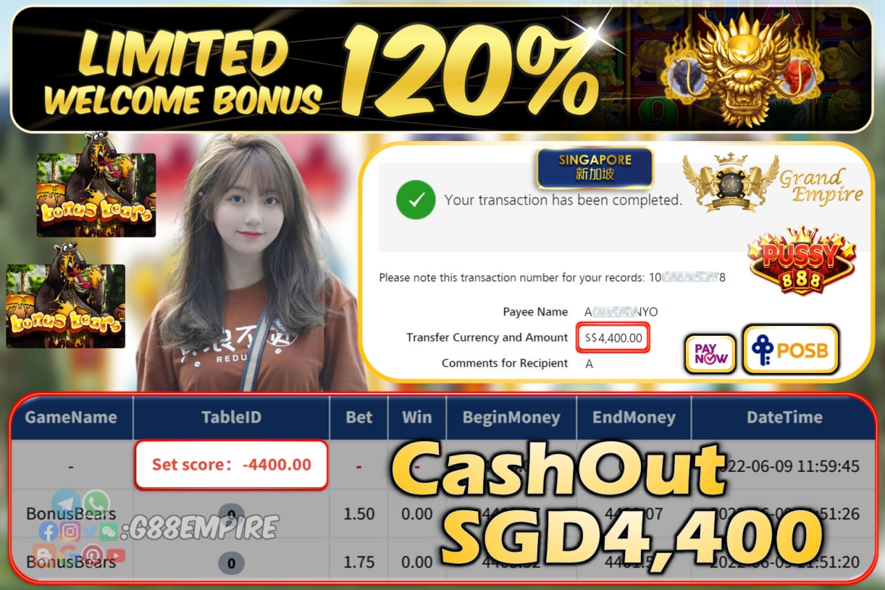PUSSY888 ~ BONUSBEARS CASHOUT SGD4400!!!