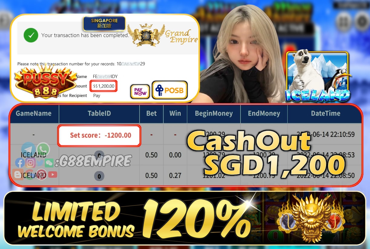 PUSSY888 ~ ICELAND CASHOUT SGD1200!!!