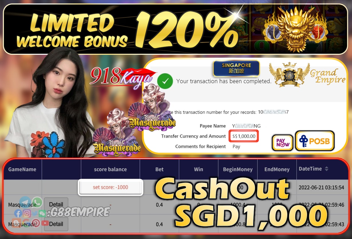 918KISS KAYA ~ MASQUERADE CASHOUT SGD1000 !!!