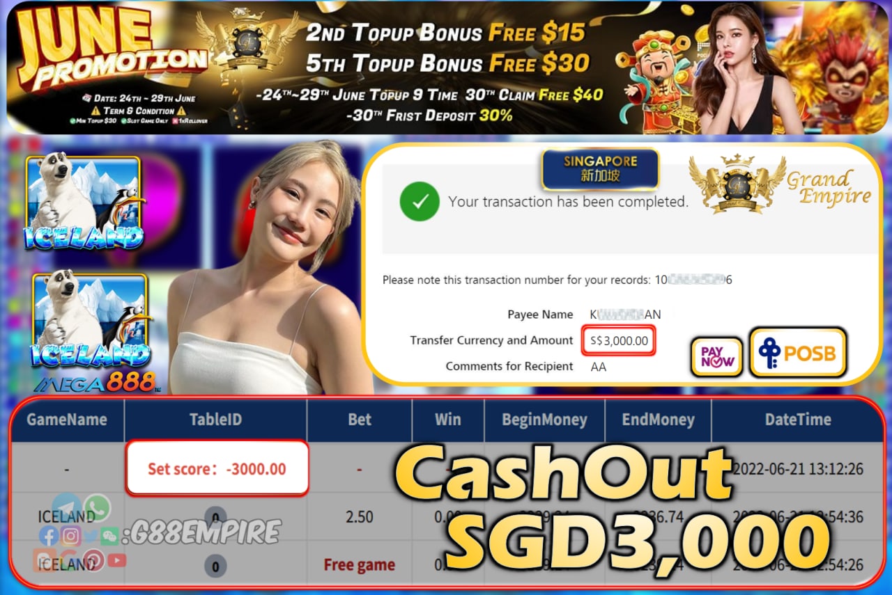 MEGA888 ~ ICELAND CASHOUT SGD3000!!!