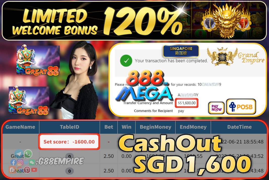 MEGA888 - GREAT88 CASHOUT SGD1600 !!!