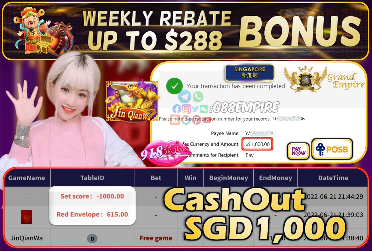 918KISS - JINQIANWA CASHOUT SGD1000 !!!