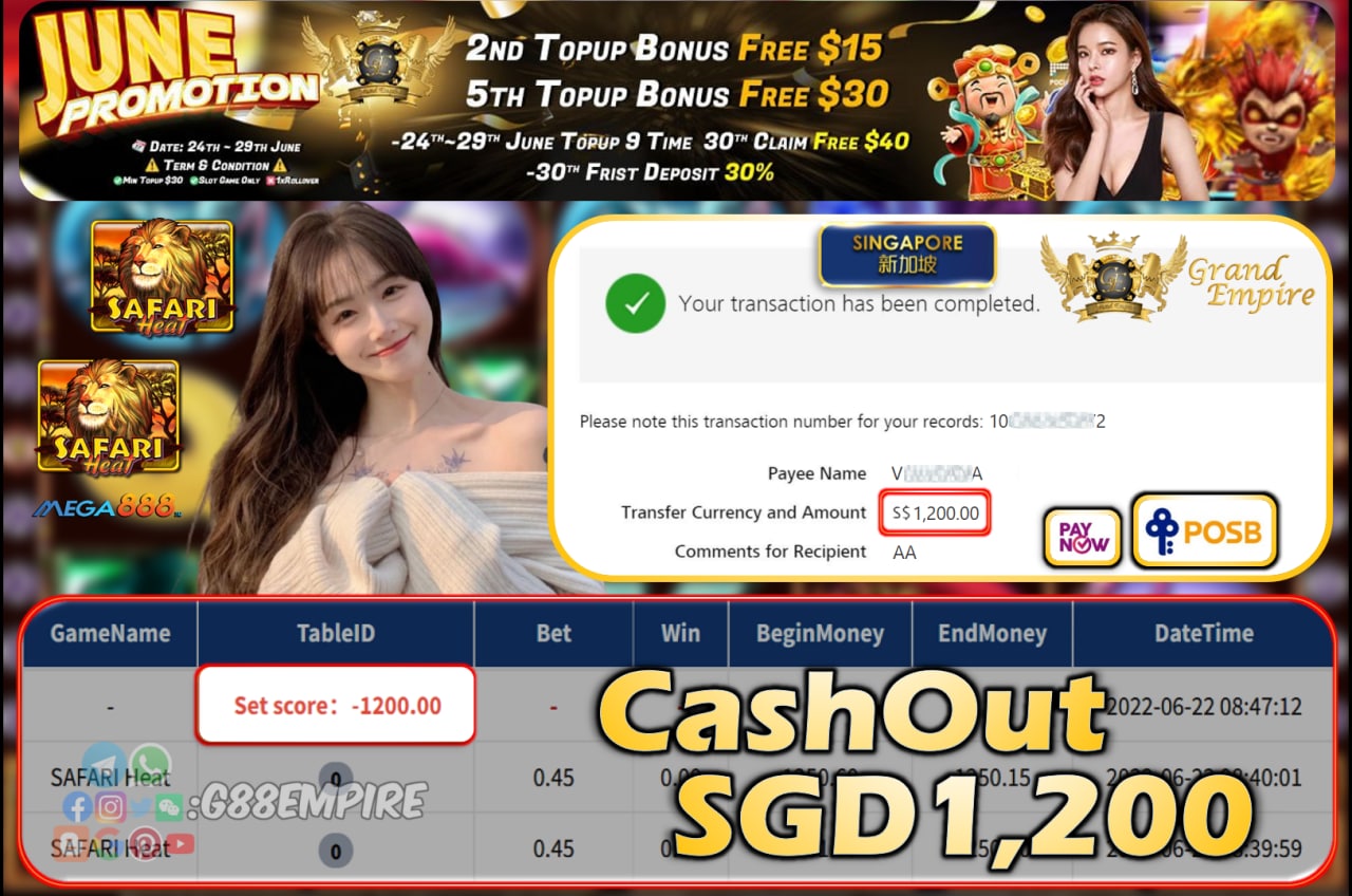 MEGA888 ~ SAFARIHEAT CASHOUT SGD1200!!!