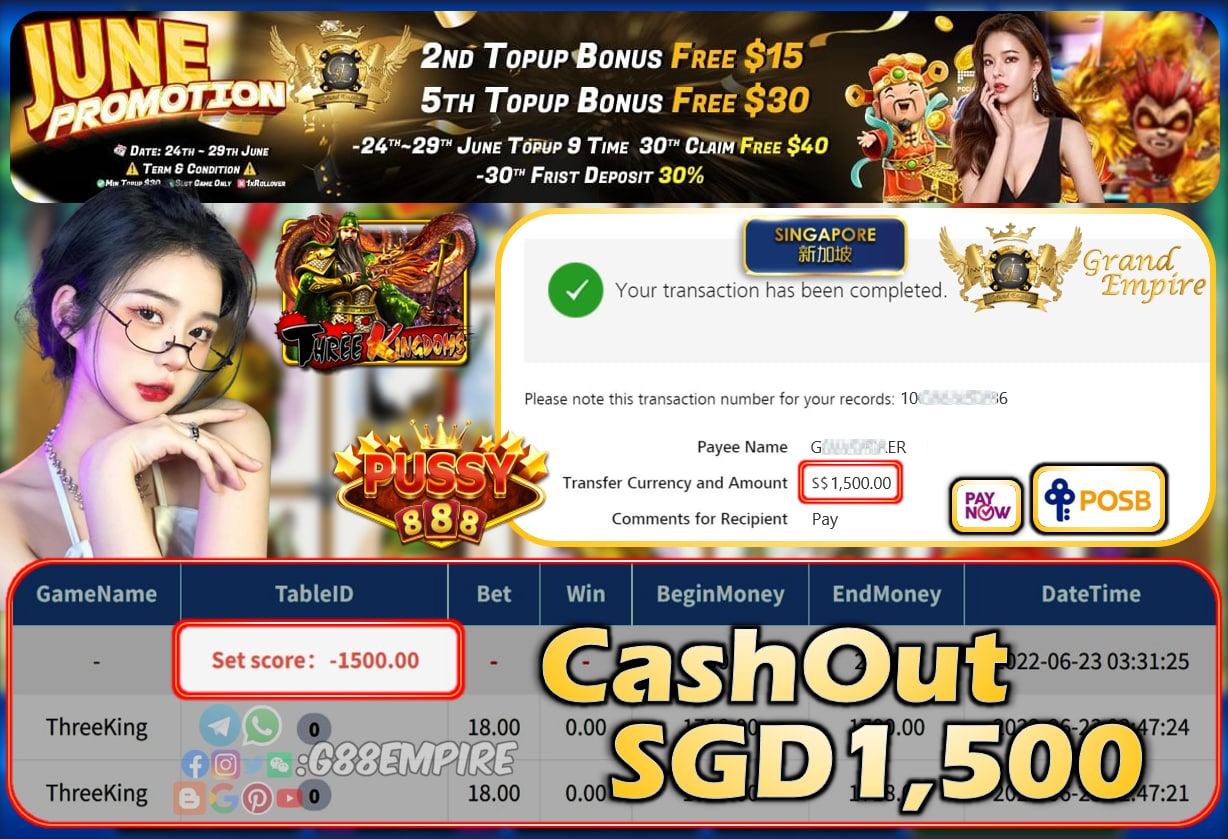 PUSSY888 - THREEKINGDOM CASHOUT SGD1500 !!!