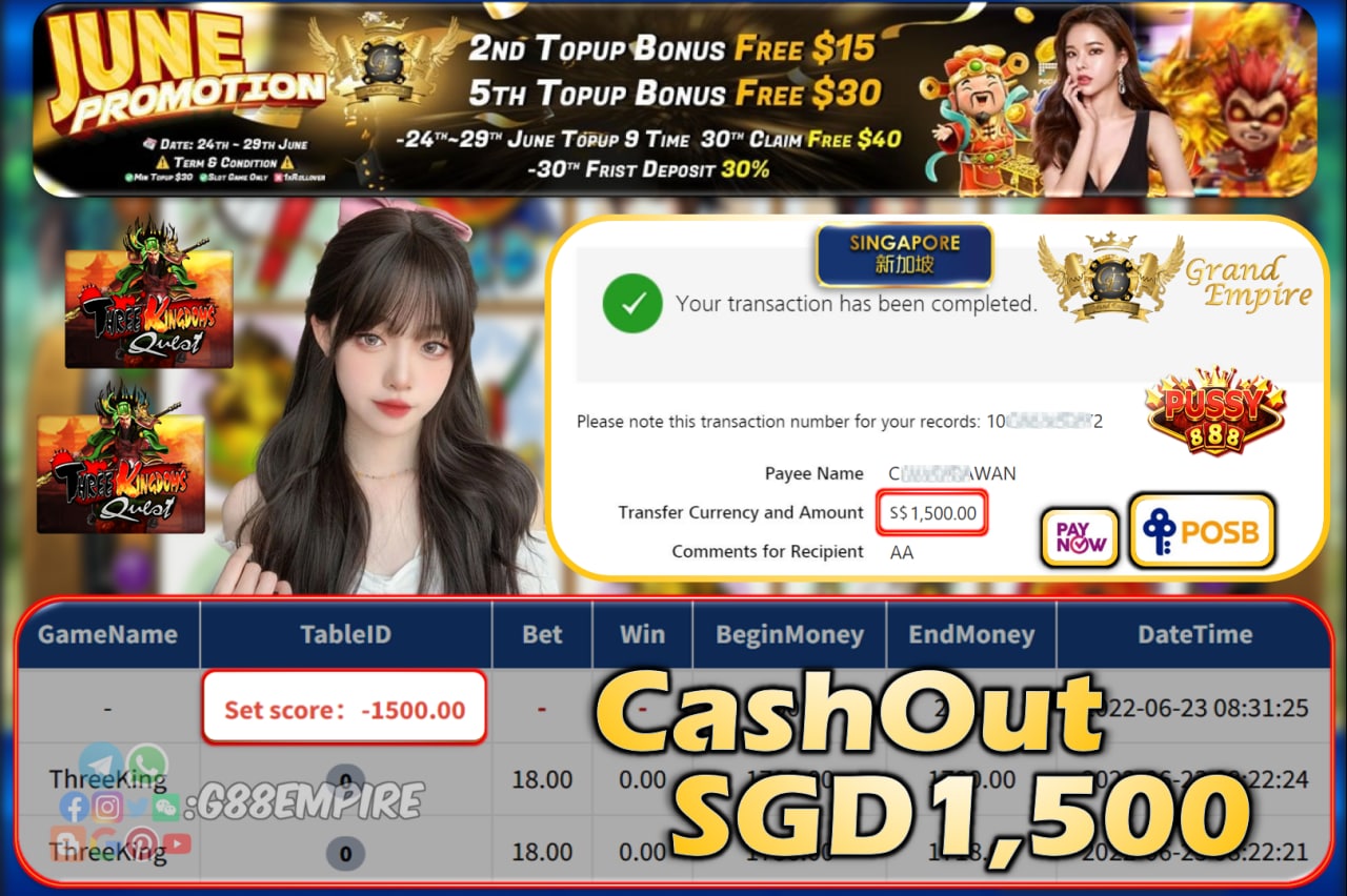 PUSSY888 ~ THREEKING CASHOUT SGD1500!!!