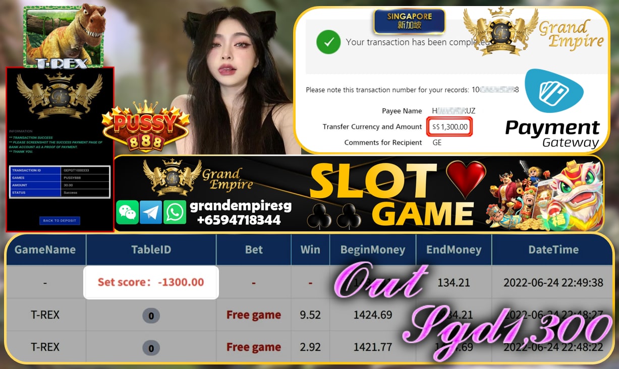 PUSSY888 ~ T-REX CASHOUT SGD1300 !!!