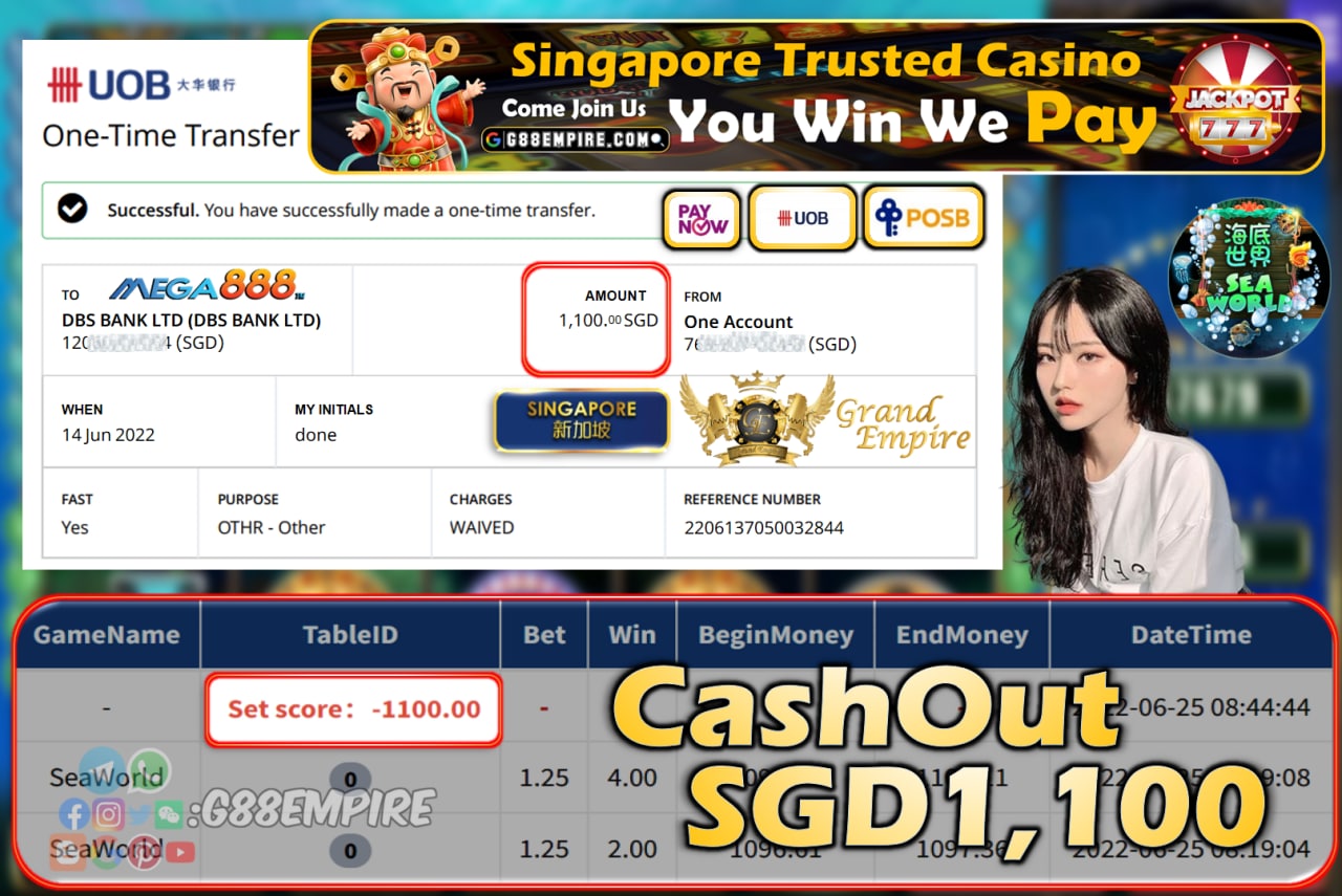 MEGA888 ~ SEAWORLD CASHOUT SGD1100!!!