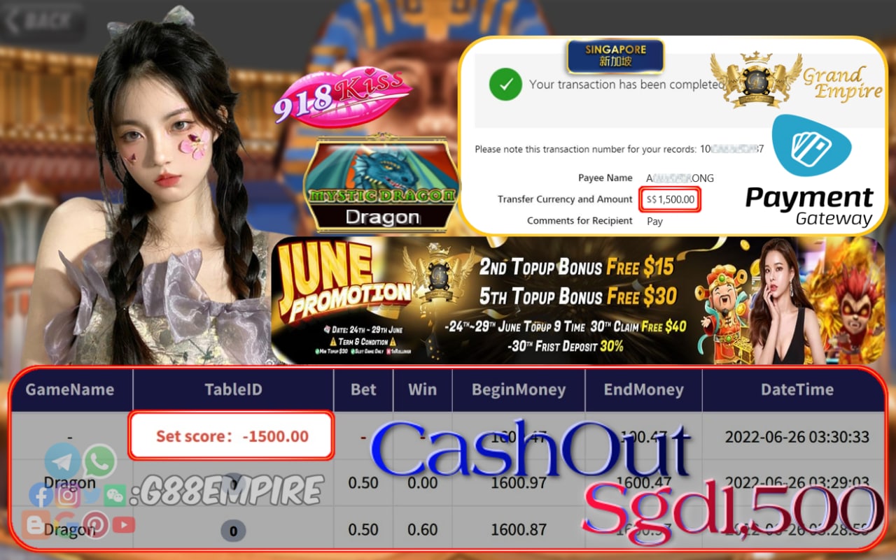 918KISS ~ DRAGON CASHOUT SGD1500 !!!