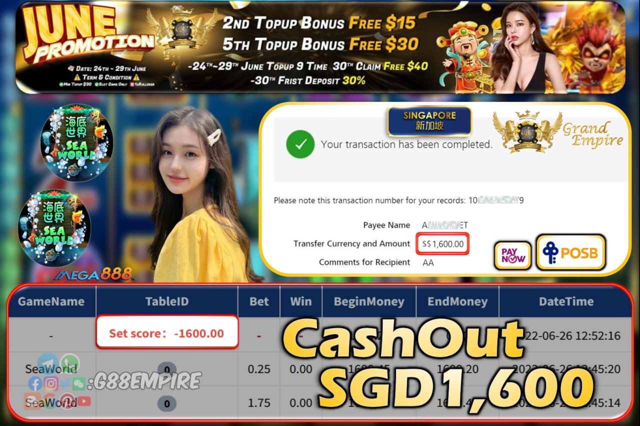 MEGA888 ~ SEAWORLD CASHOUT SGD1600!!!