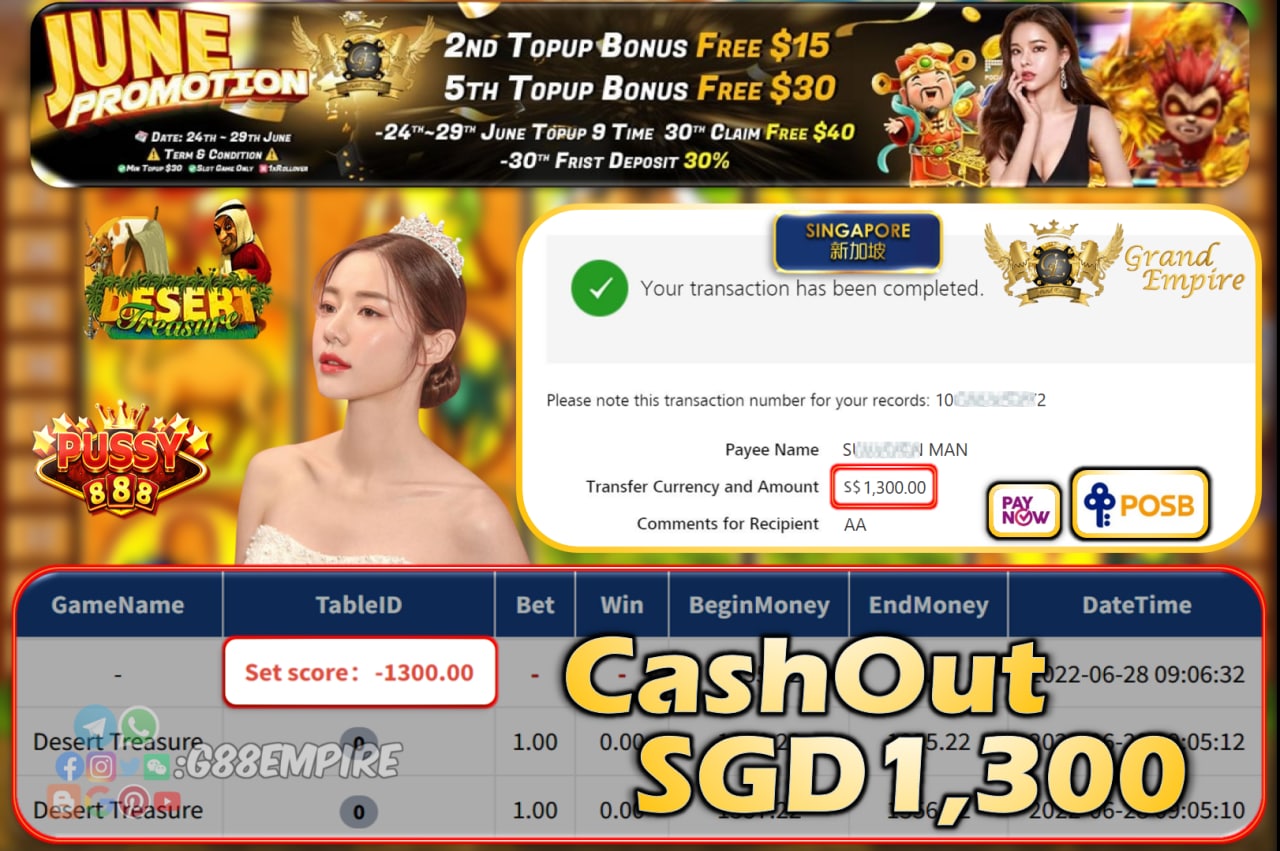 PUSSY888 ~ DESERT TREASURE CASHOUT SGD1300!!!