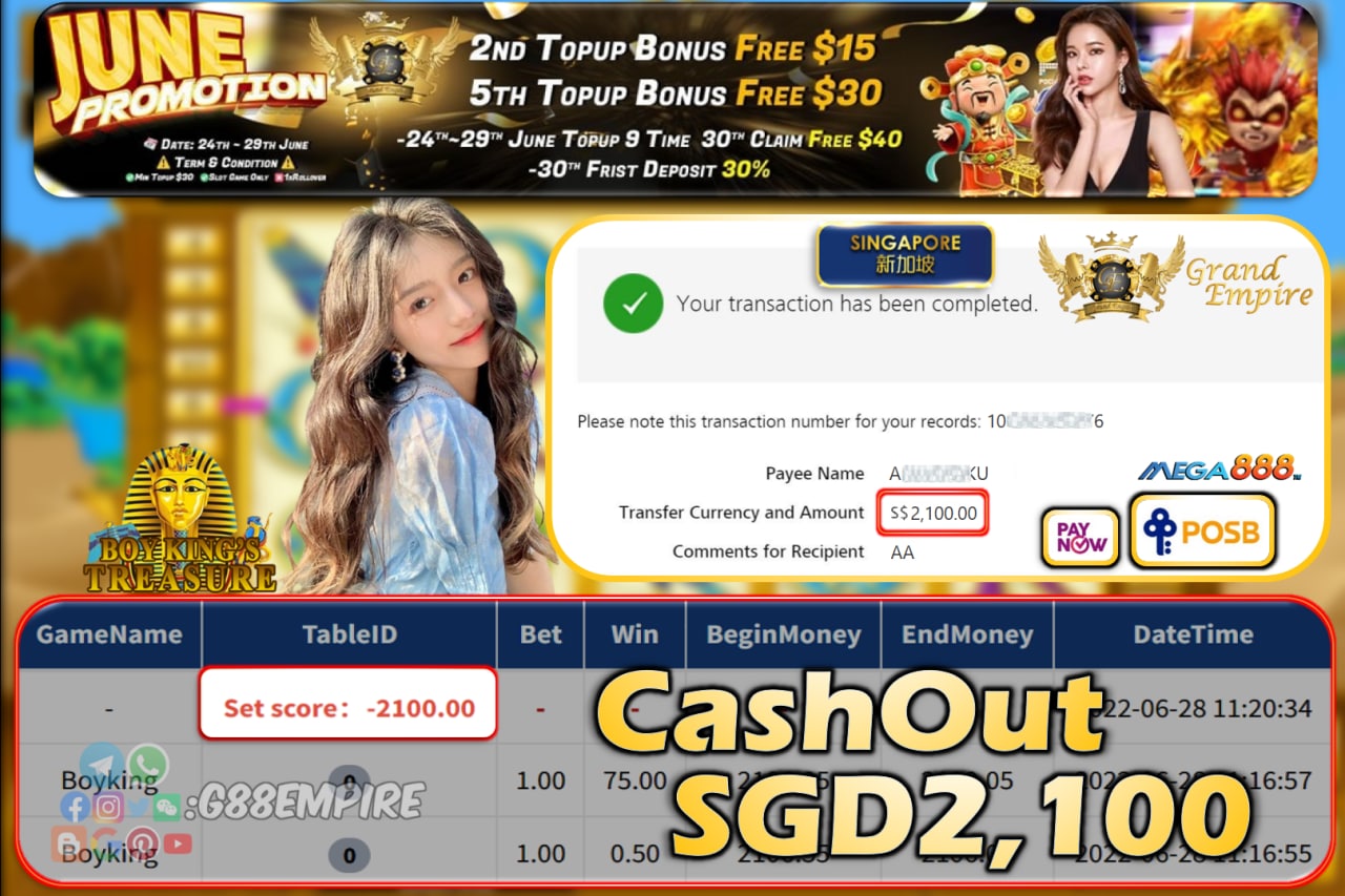 MEGA888 ~ BOYKING CASHOUT SGD2100!!!